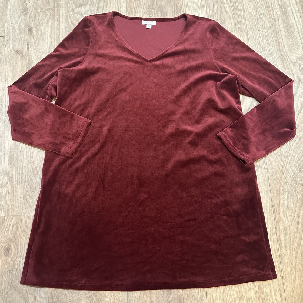J. Jill Pure Jill Burgundy Velour Tunic Long Sleeve V-Neck Side Slits Sz L‎ EUC